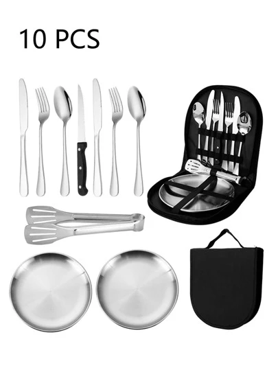 2sets Stainless Steel Outdoor Camping Dinnerware Set, Fork, Spoon, Knife, Clip, Plate, Portable Cutlery Bag, Suitable For Couples Camp Gathering
