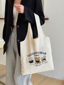 Fashionable Cartoon Bear Printed Canvas Tote Bag School Bag,Back To School,Large Capacity,Portable,Foldable,Classic Casual, Suitable For Teen Girls Women College Students, Perfect For Back To School,College,Elementary School,Middle School, High School,Work , Business, Commute,Shopping,Holiday