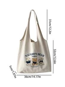 Fashionable Cartoon Bear Printed Canvas Tote Bag School Bag,Back To School,Large Capacity,Portable,Foldable,Classic Casual, Suitable For Teen Girls Women College Students, Perfect For Back To School,College,Elementary School,Middle School, High School,Work , Business, Commute,Shopping,Holiday