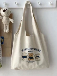 Fashionable Cartoon Bear Printed Canvas Tote Bag School Bag,Back To School,Large Capacity,Portable,Foldable,Classic Casual, Suitable For Teen Girls Women College Students, Perfect For Back To School,College,Elementary School,Middle School, High School,Work , Business, Commute,Shopping,Holiday