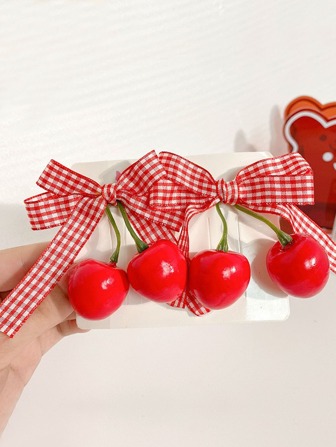 2 épingles à cheveux mignonnes en forme de cerises pour petites filles. Barrettes avec nœud papillon. Pince à cheveux avec pompon rouge en forme de cerise. Accessoires de cheveux pour filles : pinces à cheveux, barrettes