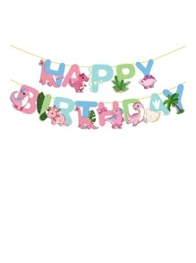 1set Pink Dinosaur & Plant Themed Horizontal Banner - Multicolor - View 1