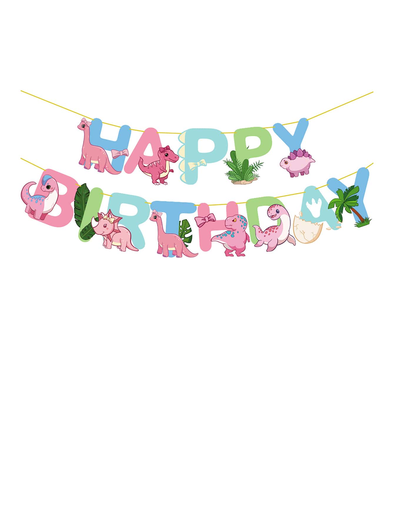 1set Pink Dinosaur & Plant Themed Horizontal Banner - Multicolor - View 1
