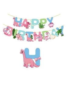 1set Pink Dinosaur & Plant Themed Horizontal Banner - Multicolor - View 3