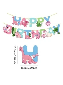 1set Pink Dinosaur & Plant Themed Horizontal Banner - Multicolor - View 2