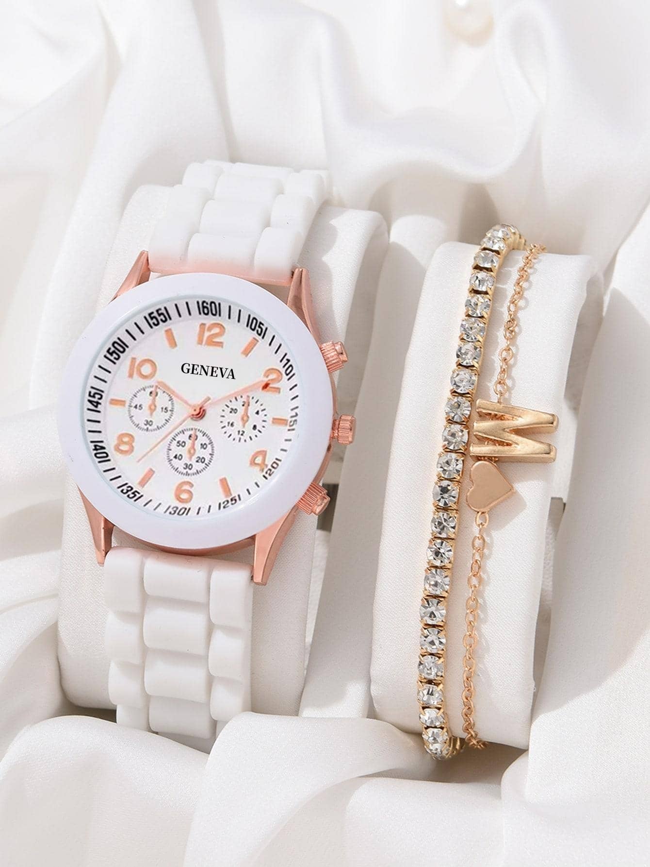 1pc Women's Quartz Watch With White Strap & Round Dial + 1pc Bracelet - White - View 1