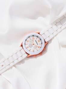 1pc Women's Quartz Watch With White Strap & Round Dial + 1pc Bracelet - White - View 2
