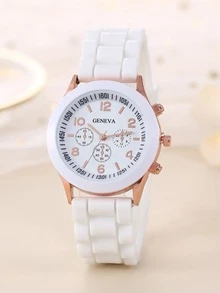 1pc Women's Quartz Watch With White Strap & Round Dial + 1pc Bracelet - White - View 3