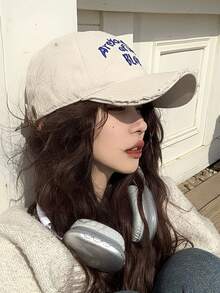 1 件男女情侣款字母刺绣做旧复古棒球帽，户外小众风格，适合休闲、购物、街头穿着、日常使用 - 米色 - 查看 4