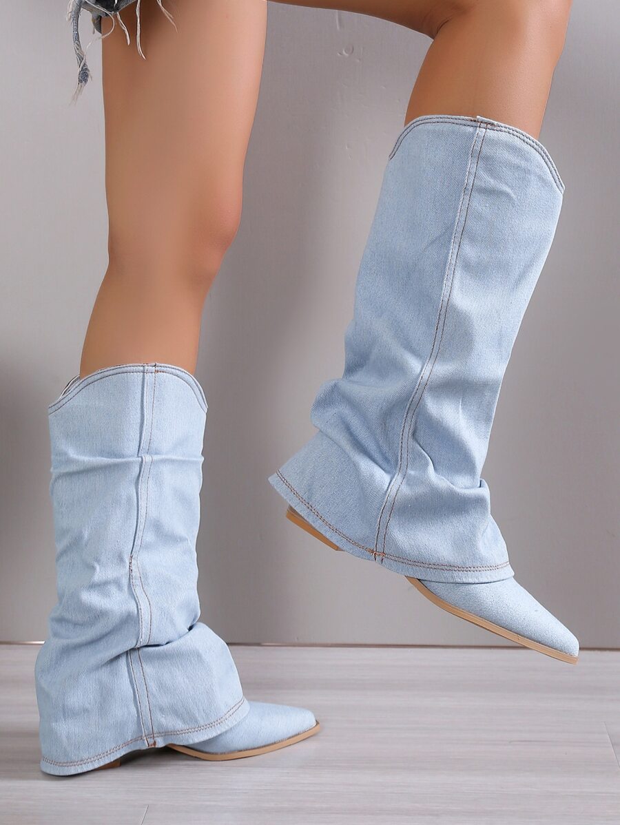 女士尖頭牛仔褲美式短靴,新風格堆粗跟側拉鍊及膝靴子 - 淺藍色 - 查看 1