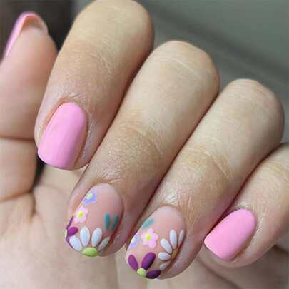 24Pcs/Set Short Elliptic Finger Nail Tips With Lovely Pink Flower Design, Comes With 1Pc Jelly Gel, 1Pc Nail File And 1Pc Wood Stick Press On Nails Nail Supplies Nails