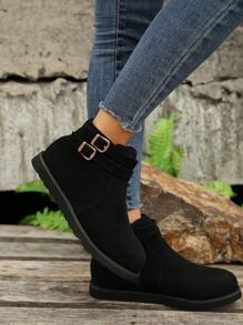 Fashionable Women's Buckle Decor Flat Ankle Boots With Faux Suede Texture For Versatile Outfits - Black - View 4