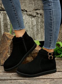 Fashionable Women's Buckle Decor Flat Ankle Boots With Faux Suede Texture For Versatile Outfits - Black - View 2