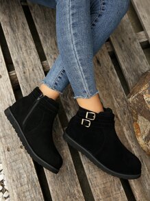 Fashionable Women's Buckle Decor Flat Ankle Boots With Faux Suede Texture For Versatile Outfits - Black - View 1