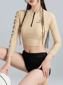 Two-Piece Sports Swimwear For Women, Long Sleeve, Sun Protection, Student Style - Apricot - View 2