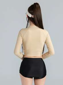 Two-Piece Sports Swimwear For Women, Long Sleeve, Sun Protection, Student Style - Apricot - View 3