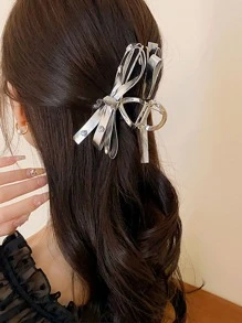 1pc Silver-Tone PU Leather Bowknot & Crystal Hair Claw Cute - Silver - View 3