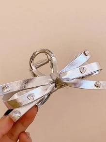 1pc Silver-Tone PU Leather Bowknot & Crystal Hair Claw Cute - Silver - View 2