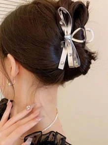 1pc Silver-Tone PU Leather Bowknot & Crystal Hair Claw Cute - Silver - View 1