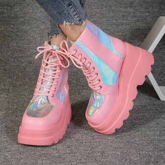 Taglie Forti Stivali corti nuovo arrivo stile punk da donna con spesso suola , comodo , versatile , con cerniera laterale , lacci davanti ,