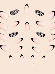 使用24入組法式黑色心型圖案全覆蓋長形假指甲組合，提升您的風格，適用於女性和女孩，壓克力指甲和指甲用品 - 黑色 - 查看 3