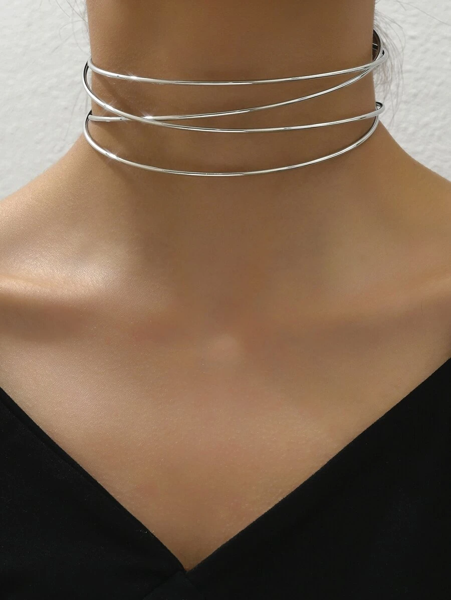 1pc Euramerican Exaggerated Asymmetrical Geometric Necklace Punk Metal Choker For Women Shiny Personalized Choker Necklace, Suitable For Couples Matching - Silver - View 1