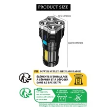 1 件 4 芯超亮可充电手电筒，户外多功能 LED 聚光灯，带电池指示灯和 COB 灯，户外照明手电筒 - 白色 - 查看 11