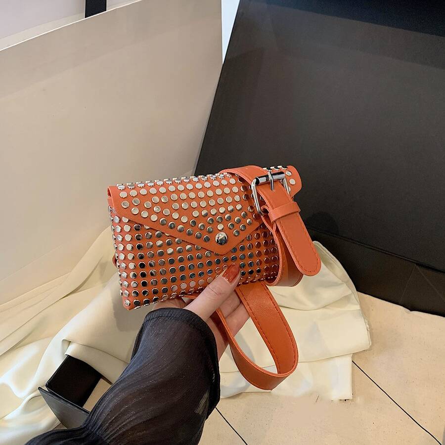 时尚百搭铆钉朋克风优雅街头迷你皮革腰包 - 橘色 - 查看 1