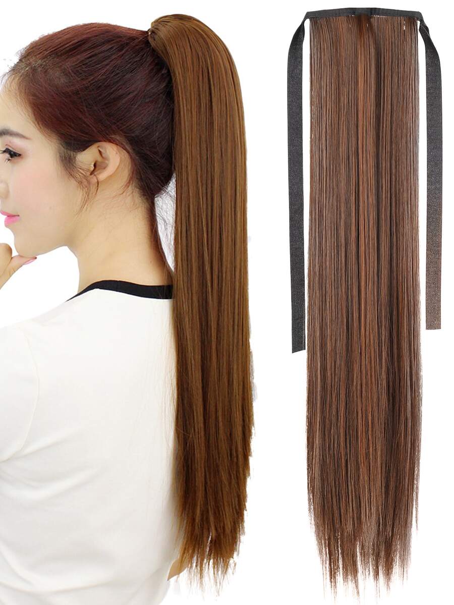 Lång Rak Ponny Svans Syntetisk Hår Fibre 55CM Dragsko Fake Baklykta Brunt Mörk Brunt - Light Brown - Visa 1
