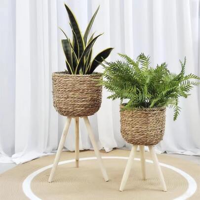 1pc Simple And Elegant Flower Stand Floor-Standing Garden Pot Wooden Balcony Rattan Creative Shelving Light Luxury Flower Pot