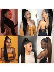 Lång Rak Ponny Svans Syntetisk Hår Fibre 55CM Dragsko Fake Baklykta Brunt Mörk Brunt - Light Brown - Visa 6