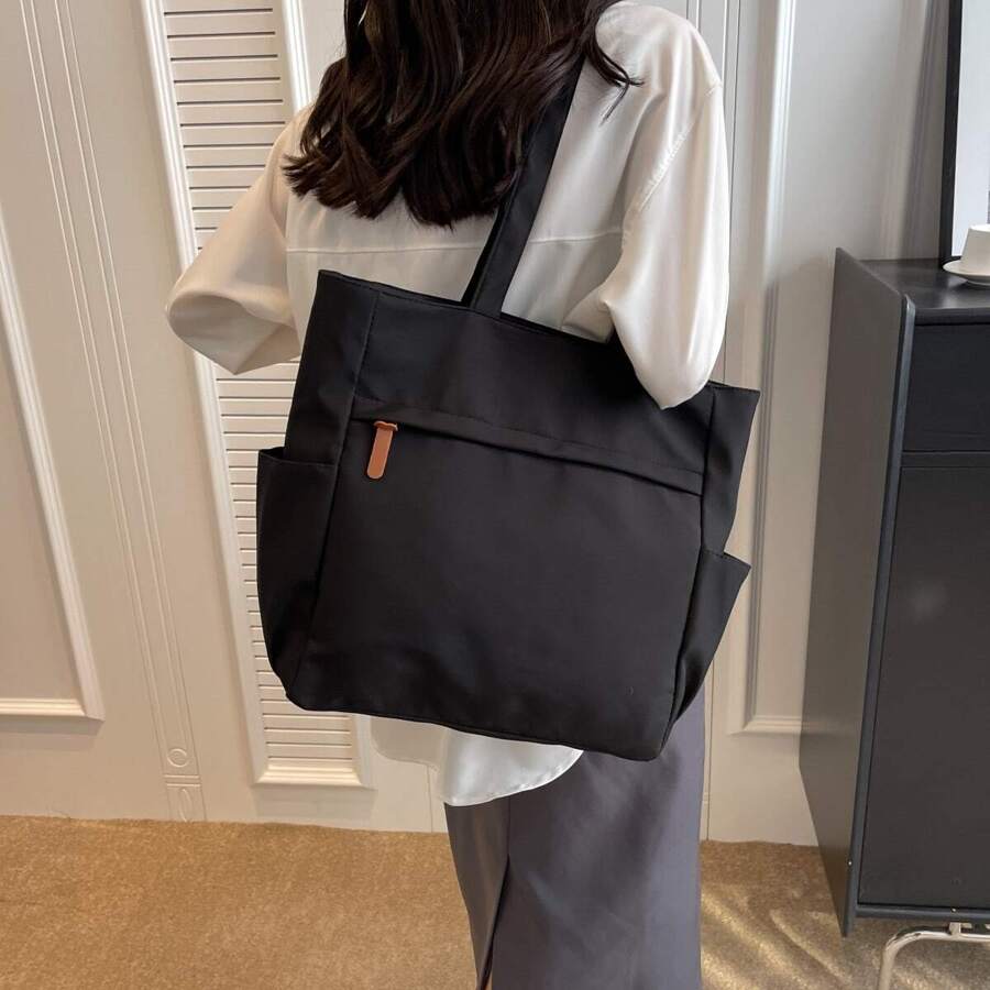 Women's Nylon Tote Bag Large Capacity Shoulder Bag,Commute Casual Solid Color Simple Handbag,School Bag,Large Capacity,Portable,Classic Casual,For Teen Girls Women College Students,White-Collar Workers,Perfect For Work,Back To School,Middle School,High School,College,Vacation, Fashionable Tote Bag With Zipper, Large School Tote Bag, Multiple Compartments, Perfect For Beach, School, Work & Daily Use, Literary School Bag & Bookbag For Women Or Students, Perfect For Books, Shopping, Back To School And More