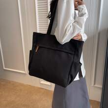 Women's Nylon Tote Bag Large Capacity Shoulder Bag,Commute Casual Solid Color Simple Handbag,School Bag,Large Capacity,Portable,Classic Casual,For Teen Girls Women College Students,White-Collar Workers,Perfect For Work,Back To School,Middle School,High School,College,Vacation, Fashionable Tote Bag With Zipper, Large School Tote Bag, Multiple Compartments, Perfect For Beach, School, Work & Daily Use, Literary School Bag & Bookbag For Women Or Students, Perfect For Books, Shopping, Back To School And More - Black - View 4