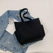 Women's Nylon Tote Bag Large Capacity Shoulder Bag,Commute Casual Solid Color Simple Handbag,School Bag,Large Capacity,Portable,Classic Casual,For Teen Girls Women College Students,White-Collar Workers,Perfect For Work,Back To School,Middle School,High School,College,Vacation, Fashionable Tote Bag With Zipper, Large School Tote Bag, Multiple Compartments, Perfect For Beach, School, Work & Daily Use, Literary School Bag & Bookbag For Women Or Students, Perfect For Books, Shopping, Back To School And More - Black - View 6