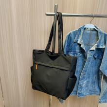 Women's Nylon Tote Bag Large Capacity Shoulder Bag,Commute Casual Solid Color Simple Handbag,School Bag,Large Capacity,Portable,Classic Casual,For Teen Girls Women College Students,White-Collar Workers,Perfect For Work,Back To School,Middle School,High School,College,Vacation, Fashionable Tote Bag With Zipper, Large School Tote Bag, Multiple Compartments, Perfect For Beach, School, Work & Daily Use, Literary School Bag & Bookbag For Women Or Students, Perfect For Books, Shopping, Back To School And More - Black - View 9