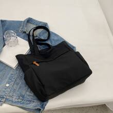 Women's Nylon Tote Bag Large Capacity Shoulder Bag,Commute Casual Solid Color Simple Handbag,School Bag,Large Capacity,Portable,Classic Casual,For Teen Girls Women College Students,White-Collar Workers,Perfect For Work,Back To School,Middle School,High School,College,Vacation, Fashionable Tote Bag With Zipper, Large School Tote Bag, Multiple Compartments, Perfect For Beach, School, Work & Daily Use, Literary School Bag & Bookbag For Women Or Students, Perfect For Books, Shopping, Back To School And More - Black - View 10