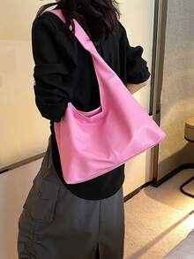 素色大容量極簡風格PU皮革單肩包 - 粉色 - 查看 3