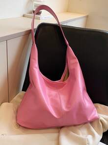 素色大容量極簡風格PU皮革單肩包 - 粉色 - 查看 2