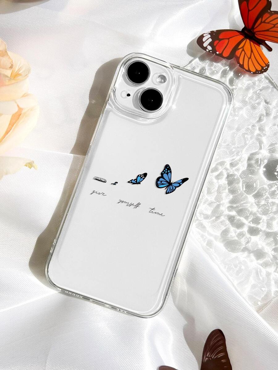 苹果蝴蝶图案透明手机壳，防水防震防摔防刮，国际版，非国内版 - 彩色 - 查看 1