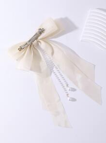 可愛的假珍珠和蝴蝶結裝飾髮夾 - 米色 - 查看 4