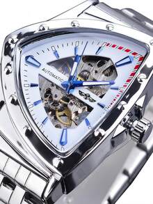 新品到貨三角形錶盤男士時尚鏤空不銹鋼自動機械手錶帶手環 - 銀色 - 查看 1