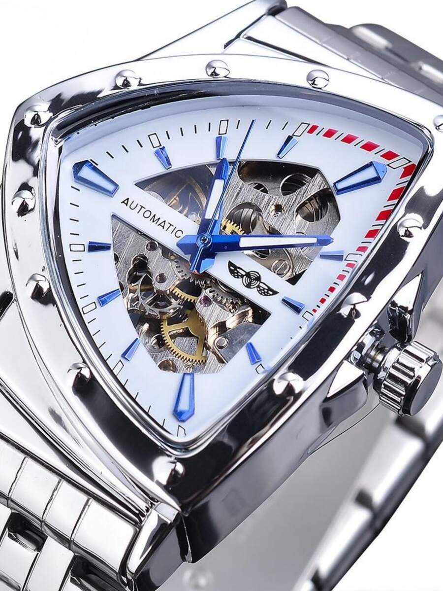 新品到貨三角形錶盤男士時尚鏤空不銹鋼自動機械手錶帶手環 - 銀色 - 查看 1