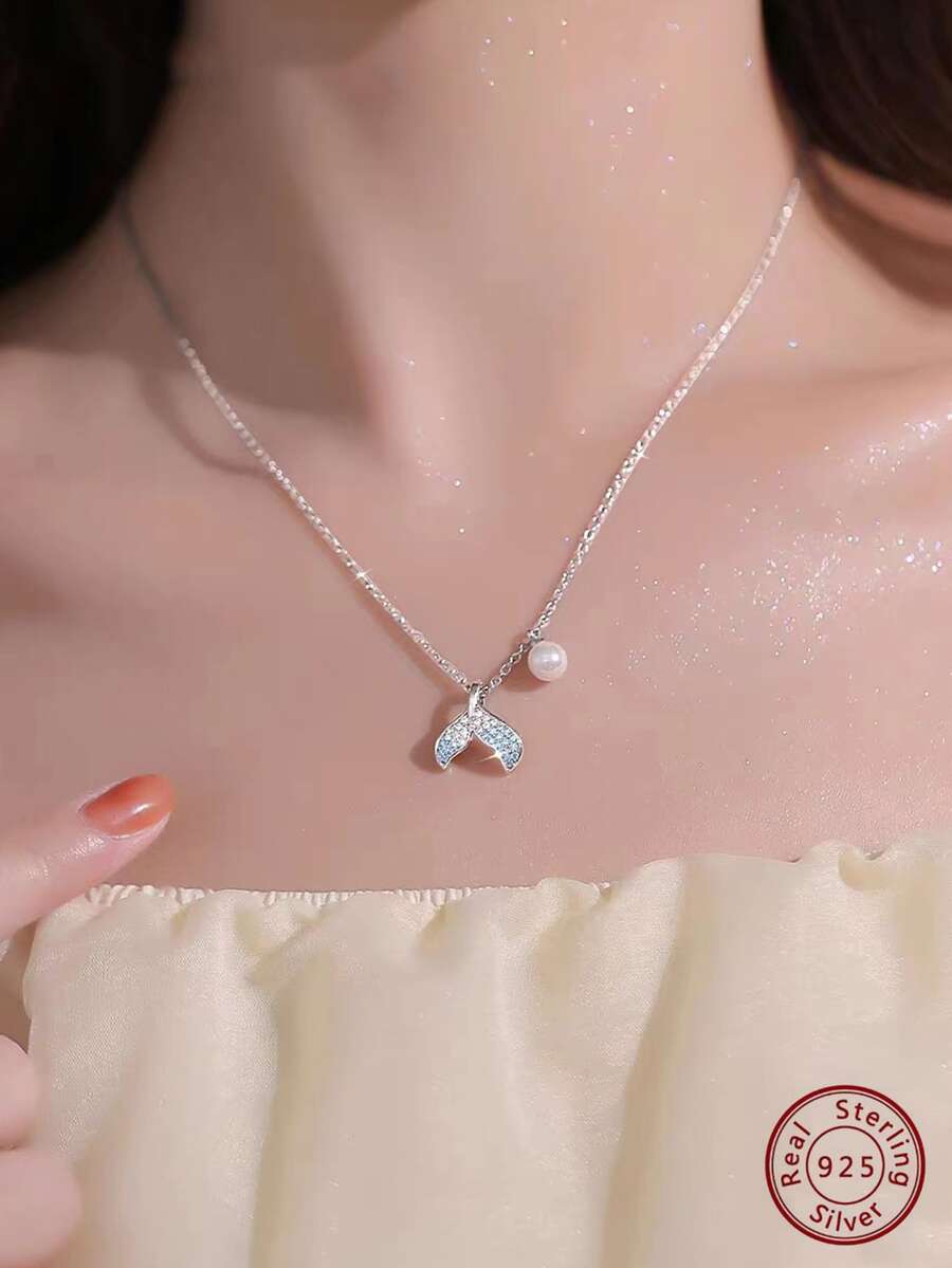 1 件时尚鱼尾仿珍珠 Cz 吊坠 S925 银项链 - 彩色 - 查看 1