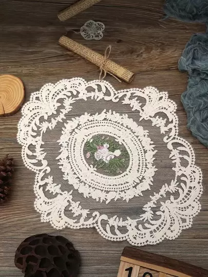 1 件圆形手工钩针编织花卉桌布布料镂空家居客厅茶几布防尘盖布复古装饰