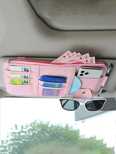 1 pieza rosado PU multifuncional parasol de coche Bolsa de almacenaje Clip