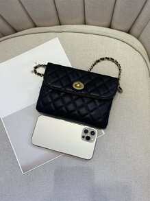 New Fashionable Versatile Rhombic Embroidery Detachable Chain Mini Multi-Function Waist Bag/Shoulder Bag - Black - View 6