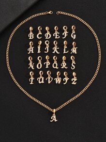 1件 时尚个性化高贵风格26字母立方氧化锆不锈钢项链 - 金色 - 查看 2