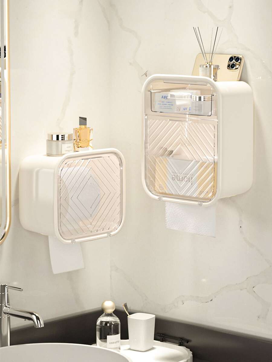 1pc Bathroom Tissue Box Storage Rack Wall Mounted Mobile Phone Holder Sanitary Napkin Organizer - White - View 1
