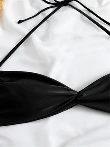 Bộ Bikini Không Dây Màu Trơn Gợi Cảm Với Dây Cổ, Dây Đeo Vai Có Thể Điều Chỉnh, Bộ Bikini Thông Eo Cao Bộ Đáy Cho Nữ Đi Biển Mùa Hè - màu đen - Xem 4