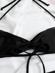 Bộ Bikini Không Dây Màu Trơn Gợi Cảm Với Dây Cổ, Dây Đeo Vai Có Thể Điều Chỉnh, Bộ Bikini Thông Eo Cao Bộ Đáy Cho Nữ Đi Biển Mùa Hè - màu đen - Xem 5